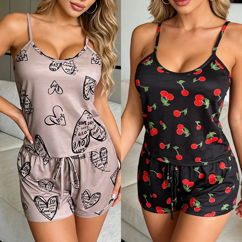 Dam Pyjamas Set Sommar – Blommig Print, Spagettiband V-ringning & Shorts, 10 Motiv