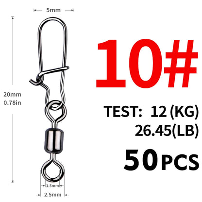 MEREDITH 50PCS Pike Fishing Accessories Connector Pin Bearing Rolling Swivel Stainless Steel Snap Fishhook Lure Swivels Tackle
