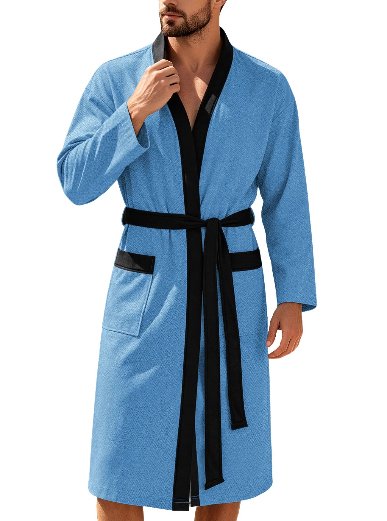 Men's Twill Fabric Long Bathrobe with Belt Design, Double Pockets, Casual Home Pajamas, Loose Fit, Hotel Resort Style, Nightwear