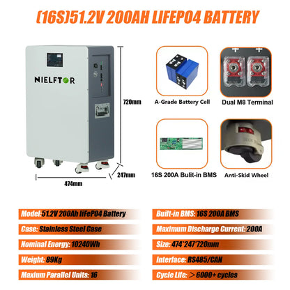 NIELFTOR LiFePO4 Energilagringsbatteri 51,2V – 10/16/32/45kWh, BMS 16S 300A, WiFi+Bluetooth+CAN/RS485+LCD, Hjul, 10års Garanti, Off-Grid/Sol/Husbil, EU-lager (Polen)