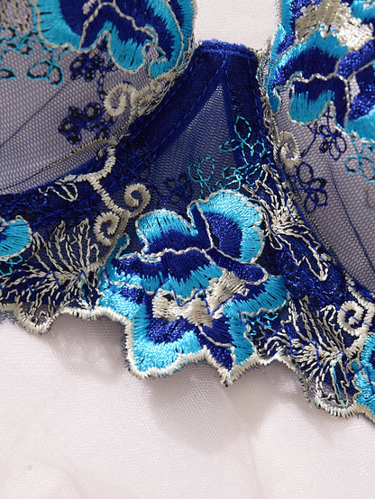 Lyxigt Spets Lingerie Set – Blå Blombrodyr, Genomskinlig Halvkupa BH & Trosor
