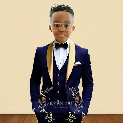 Oil Green Boys Suit 3 Pieces Wedding Tuxedo for Kids Jacket Pants Vest Gold Shawl Lapel Child 2-16 Years Old Customized Outfit
