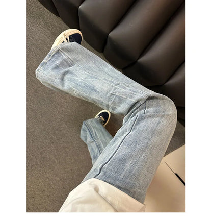 Washed Lightning Print Curved Flare Jeans For Male American Autumn Casual Fashion High Street Men Men Straight Leg Denim Pants