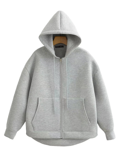 HH Autumn Winter Women's Zipper Hoodie Coat High Street Double Pockets Oversize Jakcet Loose Sweatshirts Outerwear Top