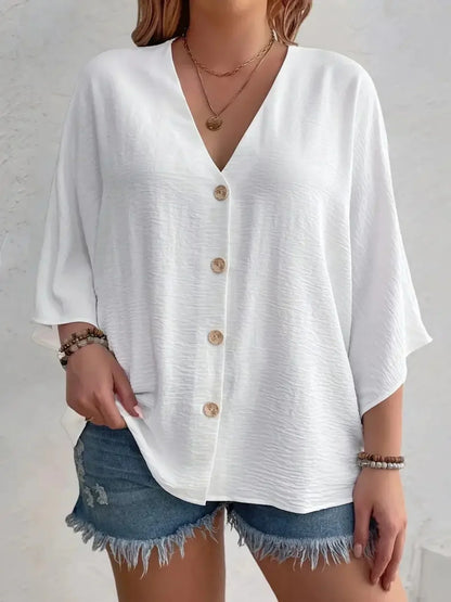 Plus-size Women's T-shirt Solid Color Breathable Spring/summer V-neck Button Travel Casual Wear with European and American Style