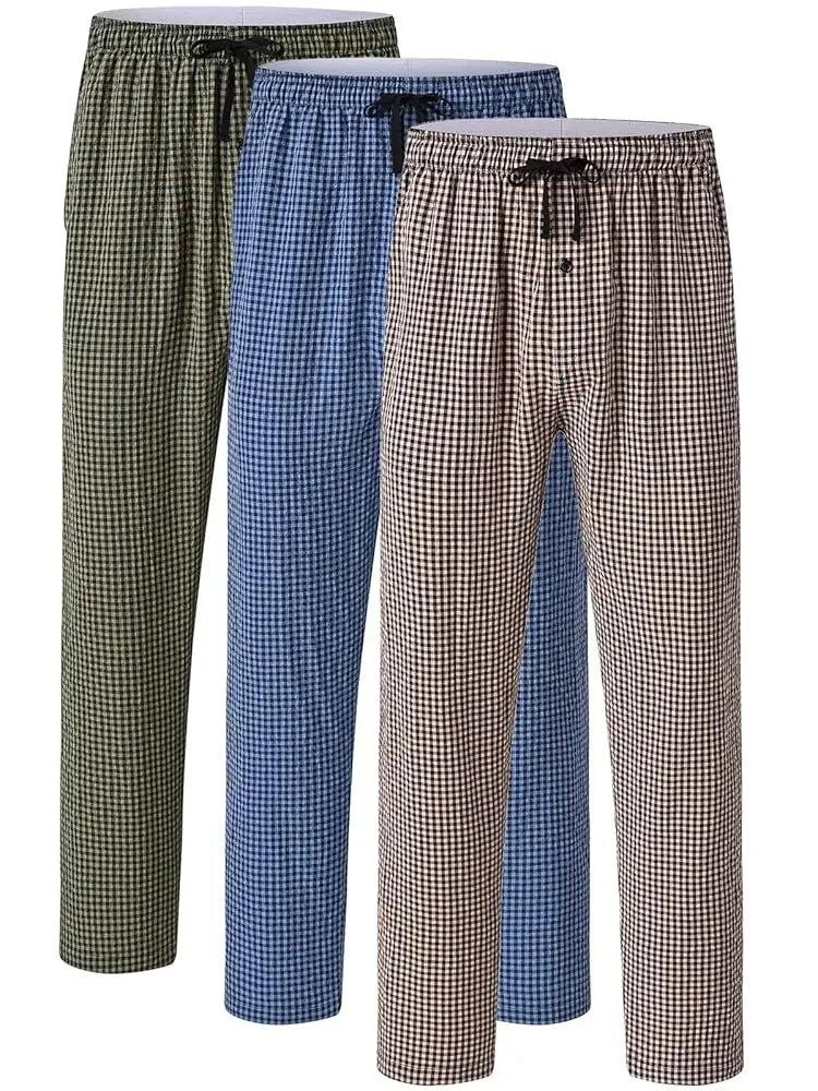 Men's 3Pcs Pajama Sleeping Pants Cotton Plaid Pjs, Long Plaid Print Sleepwear Pajama Pants with Elastic Waist Homewear