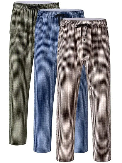 Men's 3Pcs Pajama Sleeping Pants Cotton Plaid Pjs, Long Plaid Print Sleepwear Pajama Pants with Elastic Waist Homewear