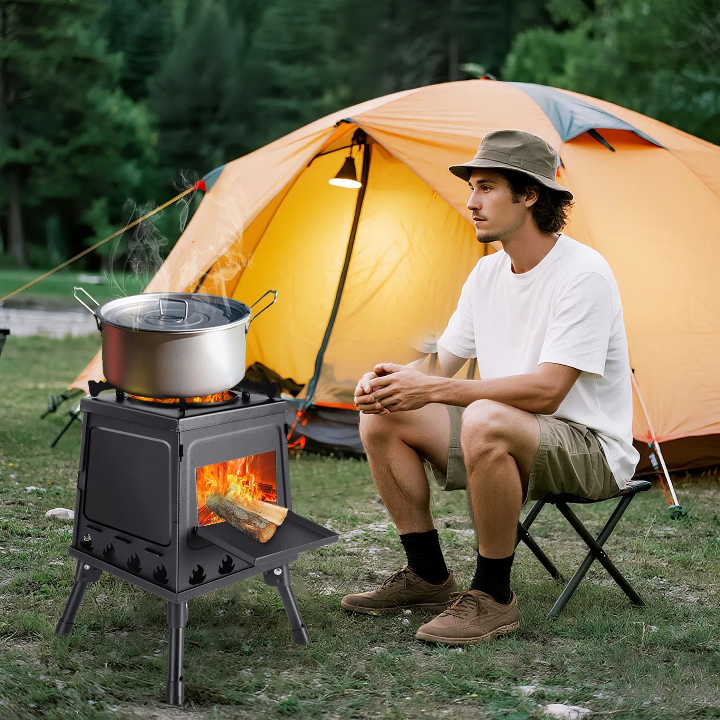 Vikbar Vedeldad Campingkamin – Kolstål Utomhus Vedspis BBQ Camping Vandring Picknick med Bärväska