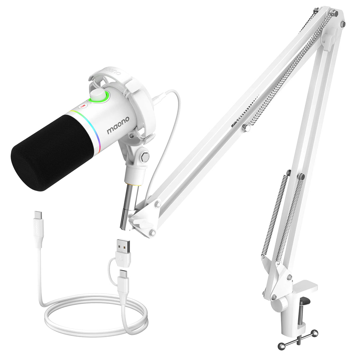 MAONO PD200XS USB/XLR Dynamic Microphone with Shock Mount Boom Arm Stand Maonolink Gain Knob RGB Light for PC Gaming Recording