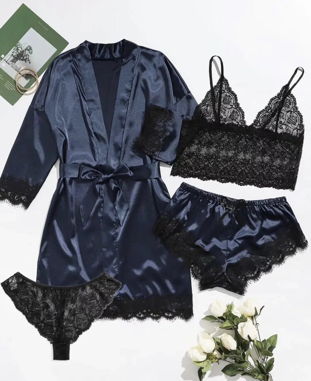 Pyjamasset dam med satinkänsla och spets – sex färger, S–2XL