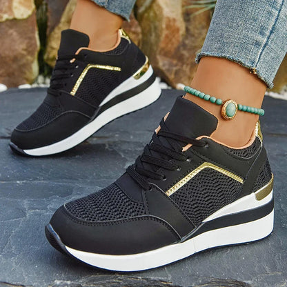 Mesh-sneakers med kilklack för dam – lätta plattformsskor med snörning