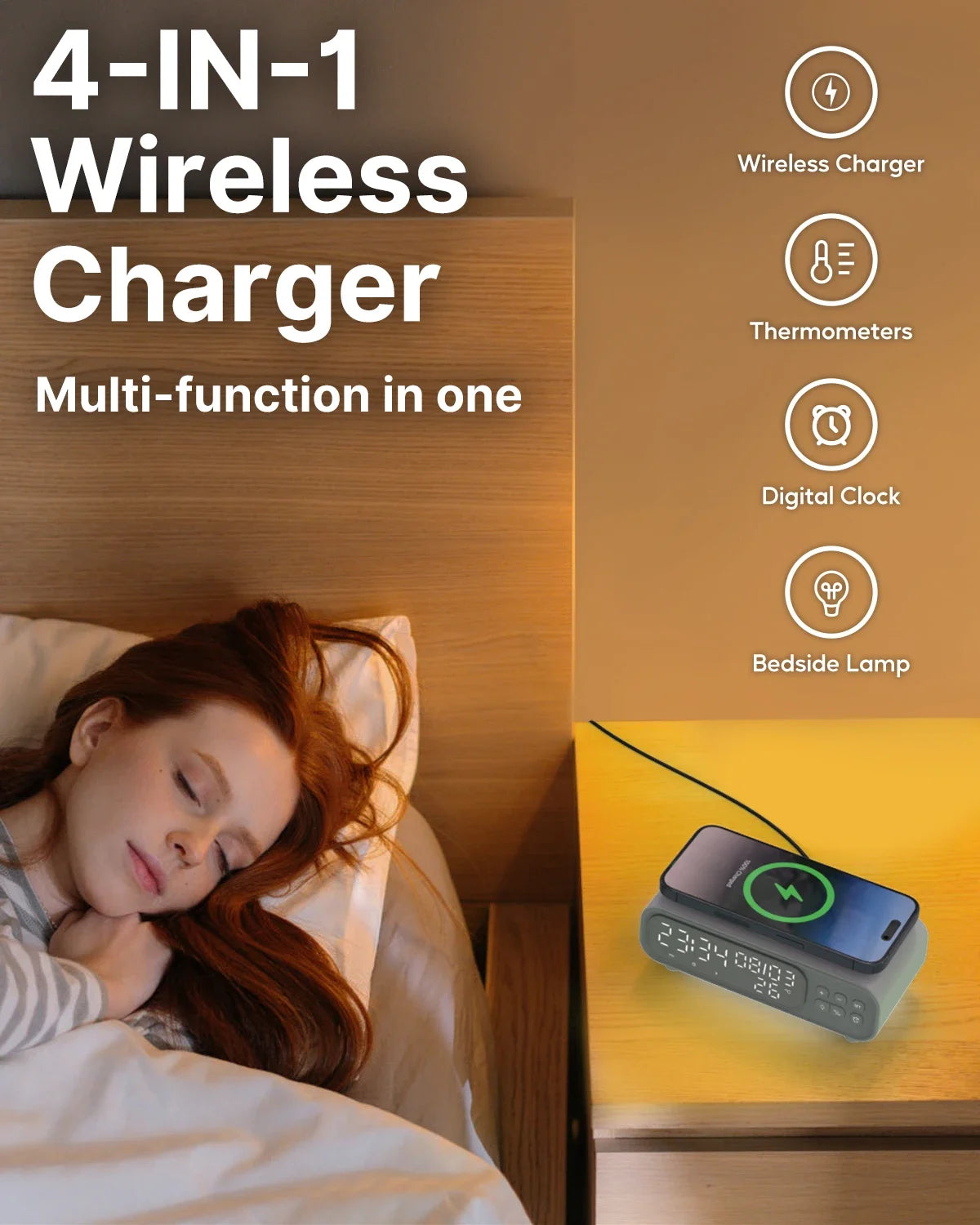 VIKEFON 15W Trådlös Laddare med Väckarklocka Nattljus & Termometer – Qi USB-C iPhone Android Hörlurar Snabbladdning CE RoHS