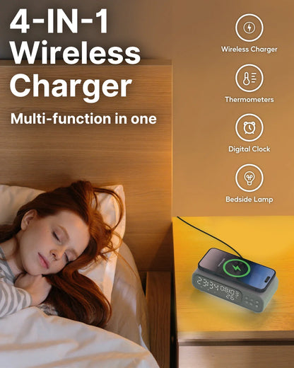 VIKEFON 15W Trådlös Laddare med Väckarklocka Nattljus & Termometer – Qi USB-C iPhone Android Hörlurar Snabbladdning CE RoHS