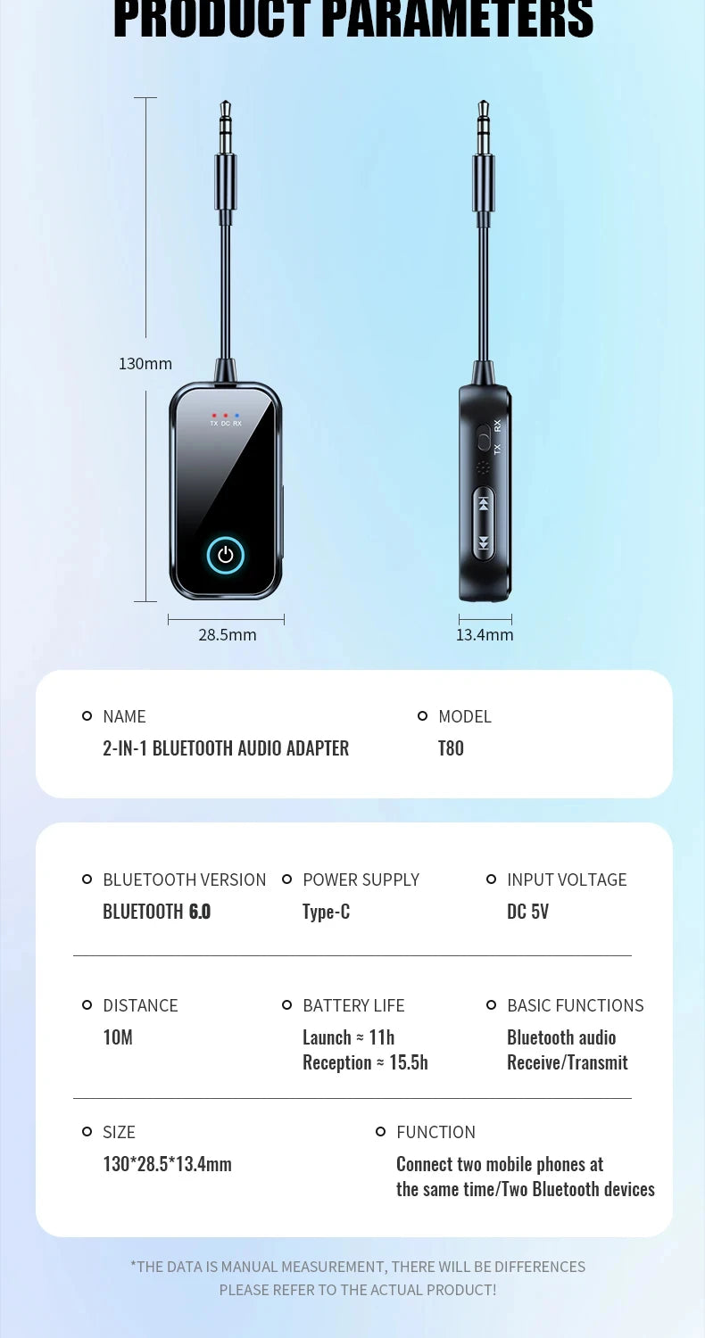 Bluetooth 6.0 AUX Audio Transmitter Receiver 2 IN 1 Wireless Adapter 3.5MM With Mic HiFi Stereo Music For Car TV PC Airplane
