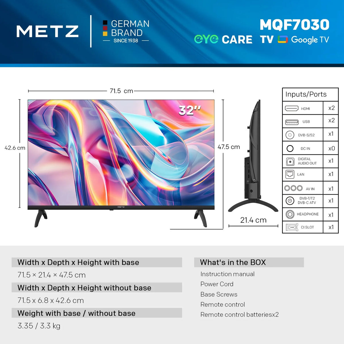 Metz Qled 32" 40 Inch Smart Led Tv Google Tele Hdr 10 Dolby Audio Bluetooth 5.1 Eyecare Tuner 2025 32Mqf7030Z