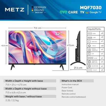 Metz Qled 32" 40 Inch Smart Led Tv Google Tele Hdr 10 Dolby Audio Bluetooth 5.1 Eyecare Tuner 2025 32Mqf7030Z