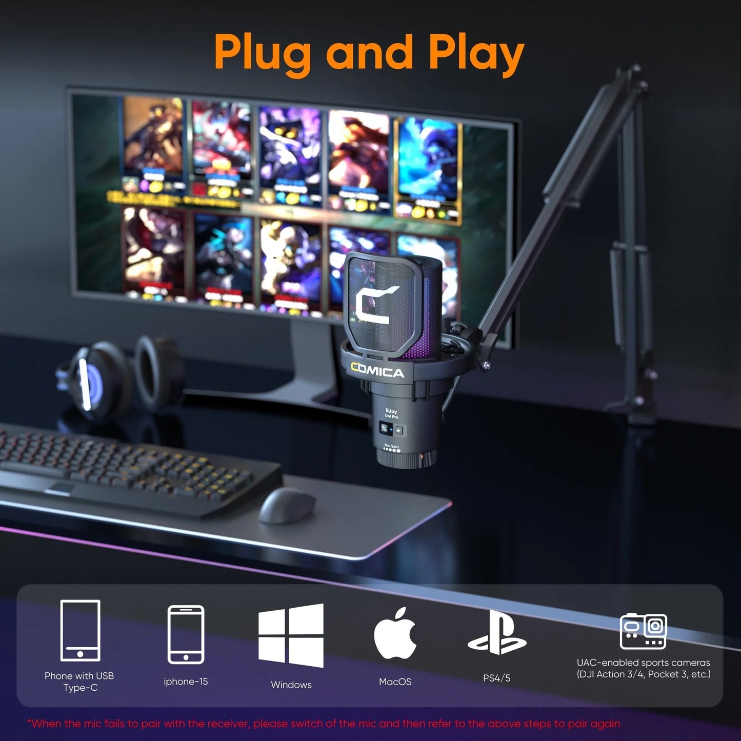Ejoy Uni Pro wireless gaming microphone for streaming,recording, podcast, youtube. Compatible with Mac OS, PS4/ 5