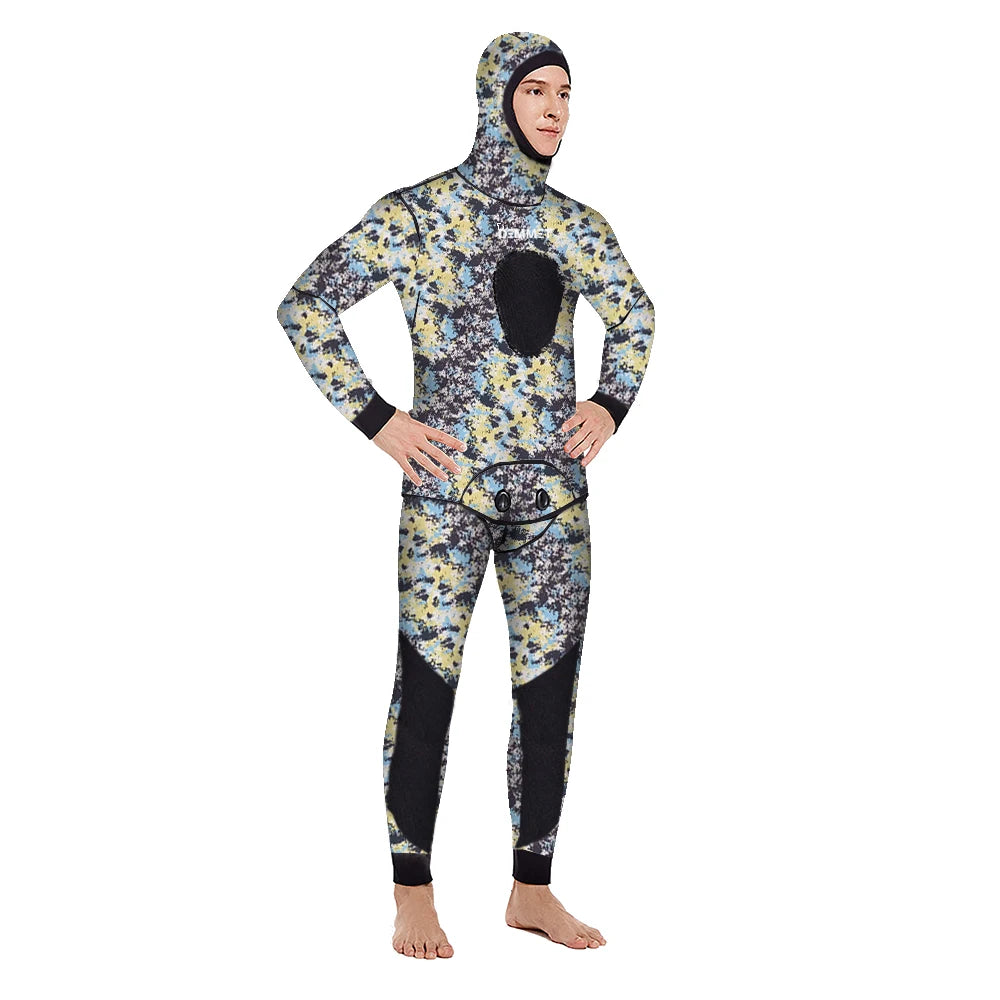 HOT Camouflage Long Sleeve Fission Hooded 2 Pieces Of 1.5/3MM Neoprene Submersible Suit For Men Keep Warm Waterproof Diving Suit