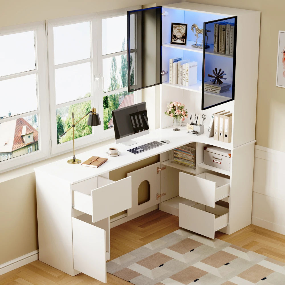 Corner Desk with Shelf and LED Display Cabinet, Desk with Cable Outlet, 3 Drawers, 2 Doors, Open Compartments, Built-in Bookcase
