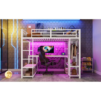 140x200cm Metal High Bed with Storage and Open Wardrobe, Kids Bedroom Bed with USB Connector and LED Lighting, Black/white
