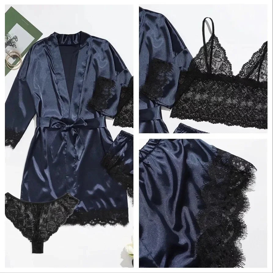 Pyjamasset dam med satinkänsla och spets – sex färger, S–2XL
