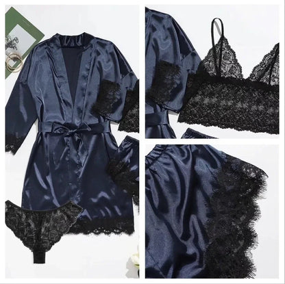 Pyjamasset dam med satinkänsla och spets – sex färger, S–2XL