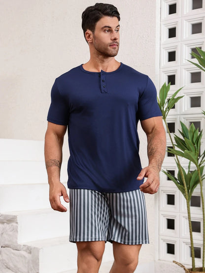 Herr Pyjamas Set Rutig – Kortärmad Topp & Shorts Hudvänlig Avslappnad, 11 Färger S–4XL