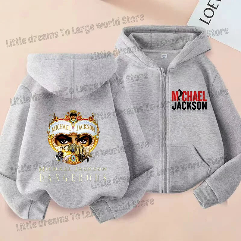 Michael Jackson Thin Long Sleeve Zipper Jacket Boys Hooded Clothes Autumn Spring Singer MJ Zip Up Streetwear with Pocket Tops