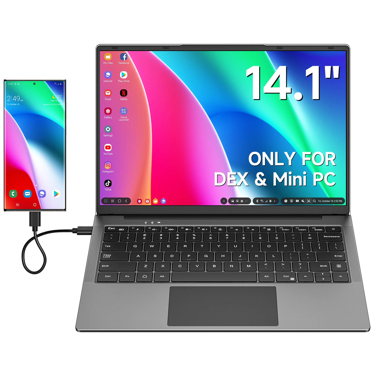 Dopesplay 14.1inch Lapdock Monitor with Keyboard & Battery for Samsung DeX S24 Z Fold 6 Note20 1200P Screen Extender For Mini PC