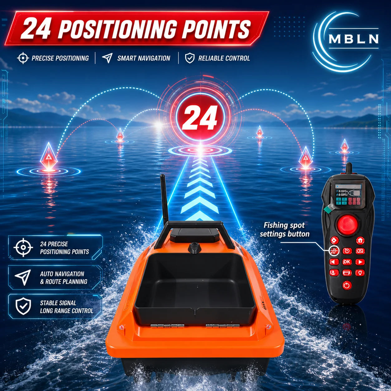 MBLN GPS RC Baitbåt – 500m Räckvidd, 1,5kg Hink, GPS-navigering & Autohåll