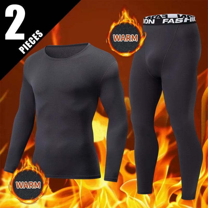 2-pcs Autumn/Winter Men's Thick Warm Underwear Set Large Solid Color Casual Sports Base Shirt Cycling Fitness Elastic Waist Pant