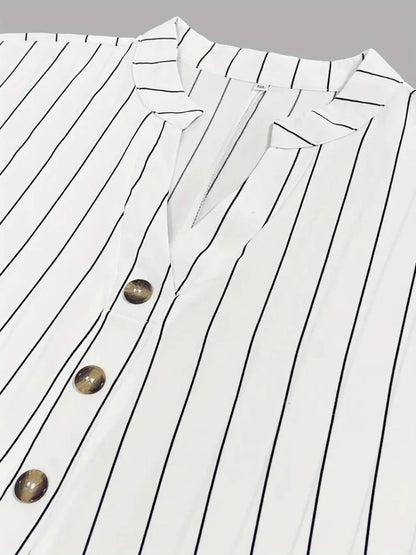 Gadinus White Plus Size Striped Blouse Women V Neck Button Front Short Sleeve Loose Fit Casual Shirt Tunic Top