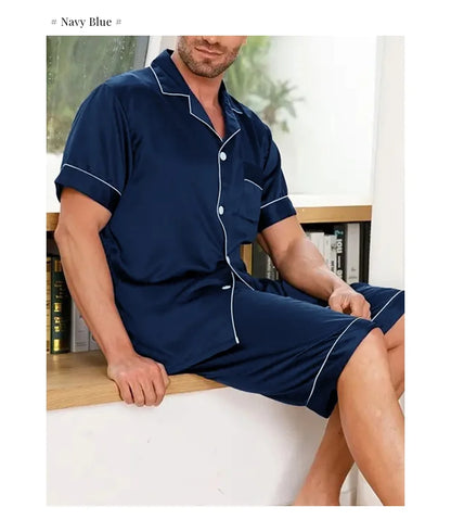 Pyjamasset herr med satinkänsla – kortärmad skjorta och shorts, S–XL
