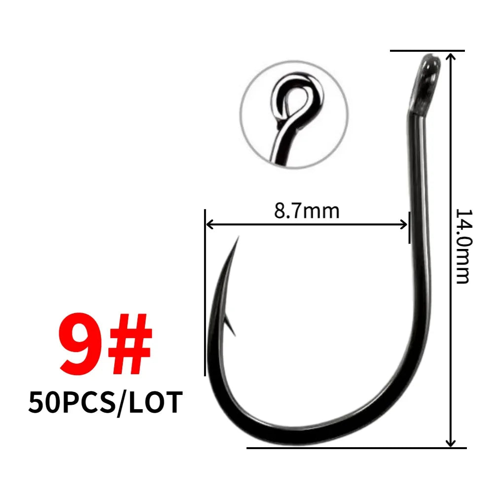 50PCS Single Circle Offset Fishing Hooks – High Carbon Steel Barbed for Carp Fly Fishing & Sea Tackle