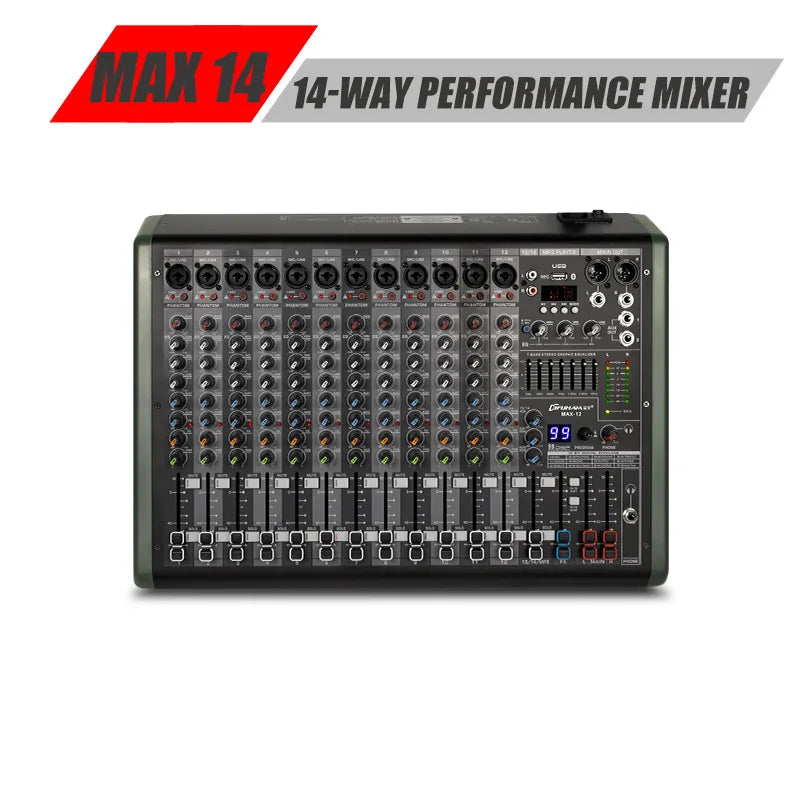 FUHAM MAX-seriens ljudmixer med mikrofon- och hörlursutgång