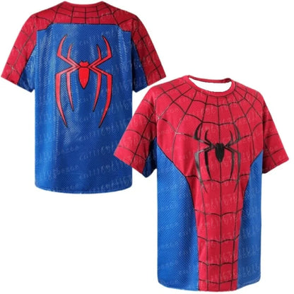 Parent‑child Spider Hero 3D Print Sports T‑Shirt,Red Blue Web Pattern Jersey,100% Polyester Breathable Tops for Kids Adults