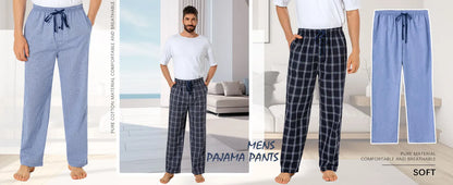3pcs Men's Pajama Pants Autumn Simple Plaid Pattern Casual Cotton Sleepwear Trendy Elastic Waistband Home Pajama Bottoms