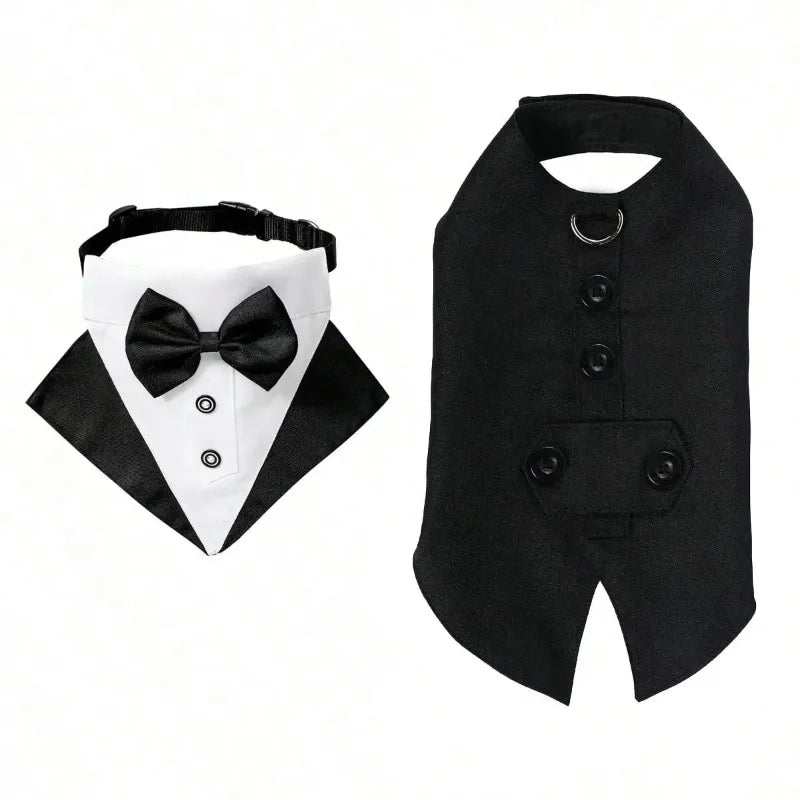 Dog Tuxedo Suit Formal with Bowtie Collar Bandana Set Wedding Party Costume Doggy Prince Shirt for Engagement Pet Clothes
