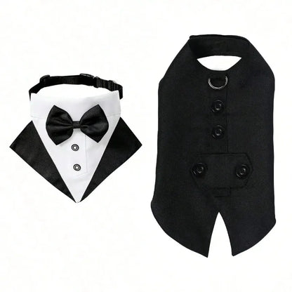 Dog Tuxedo Suit Formal with Bowtie Collar Bandana Set Wedding Party Costume Doggy Prince Shirt for Engagement Pet Clothes