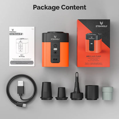 ETENWOLF AIR 3 Mini Elektrisk Luftpump – 2600 mAh, 360 L/min, Campinglampa 600 lm, 5 Munstycken