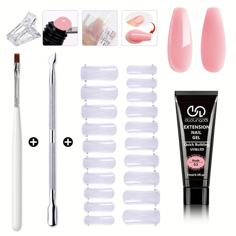 Salon & Home Nail Art Kit - 0.51oz Odorless Quick Build Gel Extension Set with 20 Nail Forms & Tools | Professional UV Sculpting
