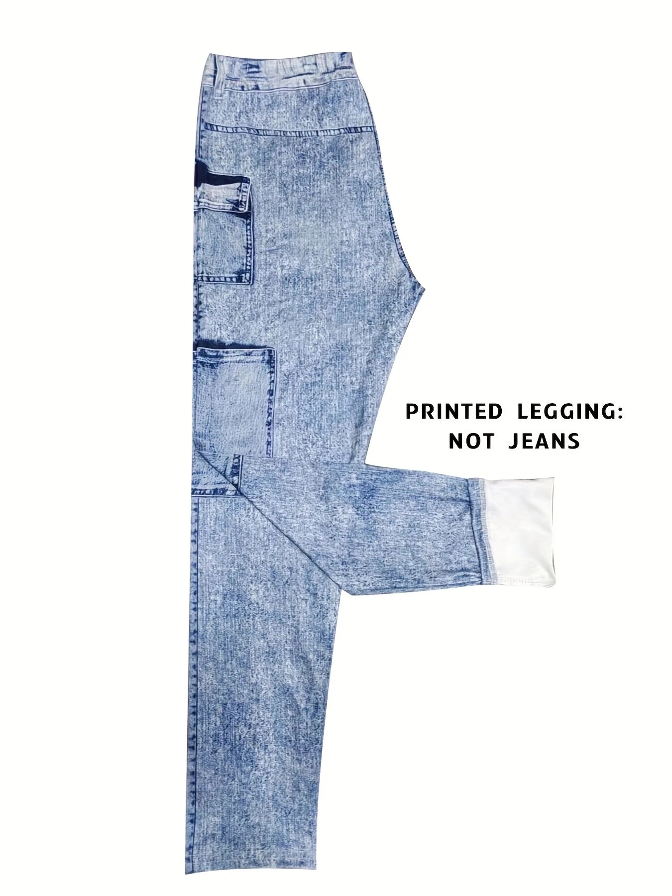 Fashion Printed Faux Denim Skinny Pants, High Waist Elastic Hip Lifting Tummy Control Outerwear Long Leggings
