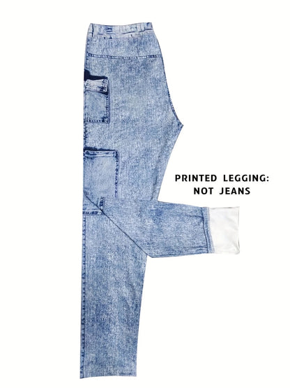 Fashion Printed Faux Denim Skinny Pants, High Waist Elastic Hip Lifting Tummy Control Outerwear Long Leggings