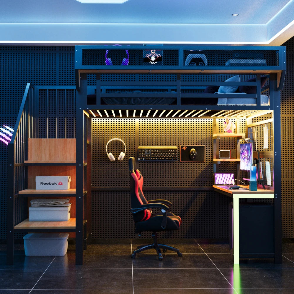 90×200cm & 140*200cm Metal High Bed, with Desk, Shelf and Storage Net, Complete with Safety Ladder, LED Lighting and Socket