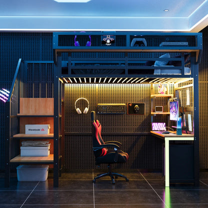 90×200cm & 140*200cm Metal High Bed, with Desk, Shelf and Storage Net, Complete with Safety Ladder, LED Lighting and Socket
