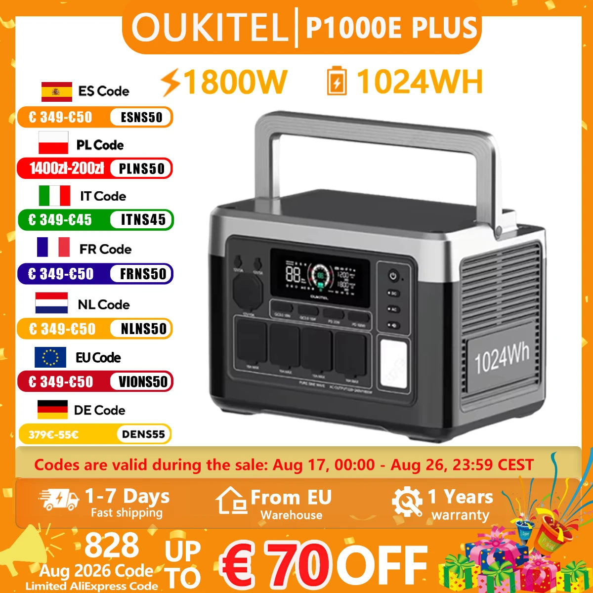 OUKITEL P1000E PLUS Portabel Kraftstation – 1024Wh, 1800W (3600W Peak), LiFePO4, 39 min Snabbladdning, UPS, EU-lager