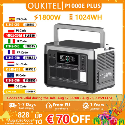 OUKITEL P1000E PLUS Portabel Kraftstation – 1024Wh, 1800W (3600W Peak), LiFePO4, 39 min Snabbladdning, UPS, EU-lager
