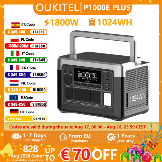 OUKITEL P1000E PLUS Portabel Kraftstation – 1024Wh, 1800W (3600W Peak), LiFePO4, 39 min Snabbladdning, UPS, EU-lager