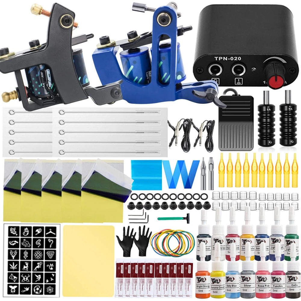 Complete Tattoo Machine Kit Power Supply with Tattoo Needles Ink Accessories Set for Tattoo Body Art Tool Permanent Makeup Kit