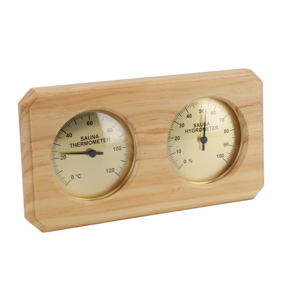 2-i-1 Bastutermometer & Hygrometer i Trä – Väggmonterad, 0–120°C, Guldram